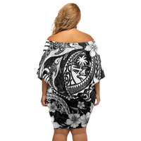 Guam Dolphins Tribal Tattoo Family Matching Off Shoulder Short Dress and Hawaiian Shirt Polynesian Art and Tropical Flower Grayscale LT03 - Polynesian Pride