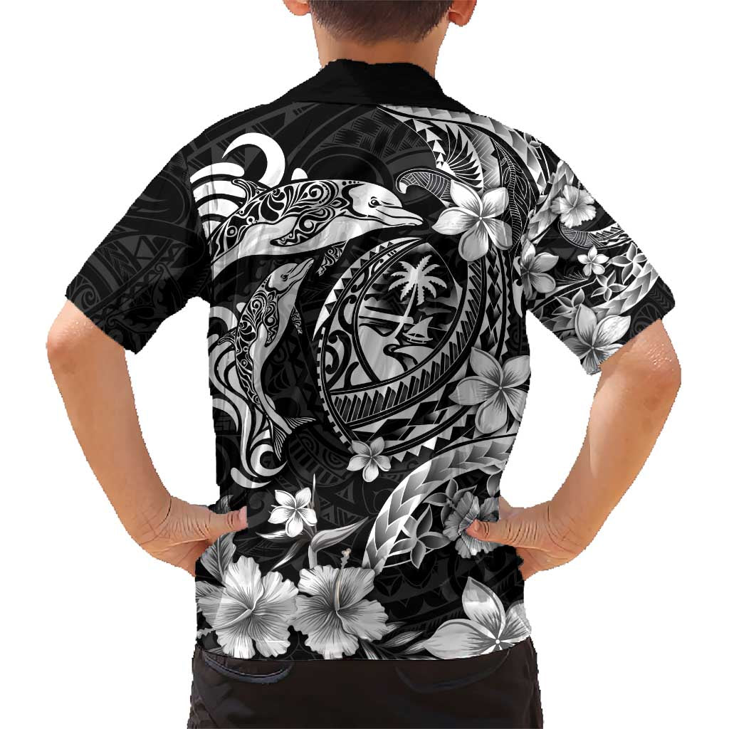 Guam Dolphins Tribal Tattoo Family Matching Short Sleeve Bodycon Dress and Hawaiian Shirt Polynesian Art and Tropical Flower Grayscale LT03 - Polynesian Pride