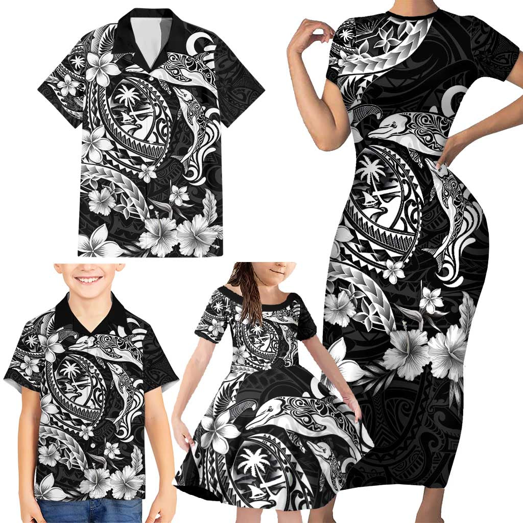Guam Dolphins Tribal Tattoo Family Matching Short Sleeve Bodycon Dress and Hawaiian Shirt Polynesian Art and Tropical Flower Grayscale LT03 - Polynesian Pride