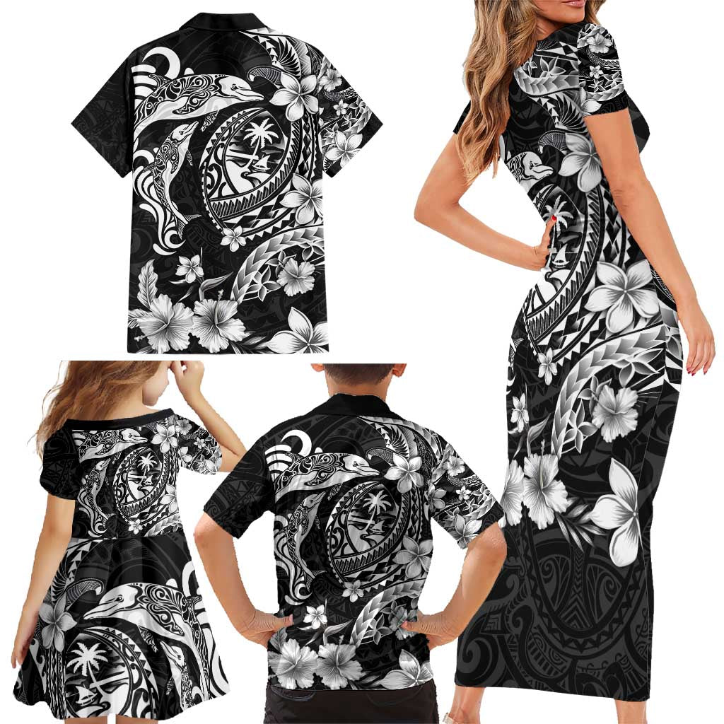 Guam Dolphins Tribal Tattoo Family Matching Short Sleeve Bodycon Dress and Hawaiian Shirt Polynesian Art and Tropical Flower Grayscale LT03 - Polynesian Pride