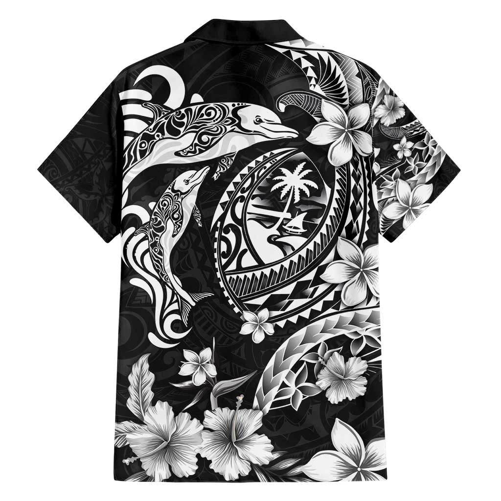 Guam Dolphins Tribal Tattoo Family Matching Short Sleeve Bodycon Dress and Hawaiian Shirt Polynesian Art and Tropical Flower Grayscale LT03 - Polynesian Pride