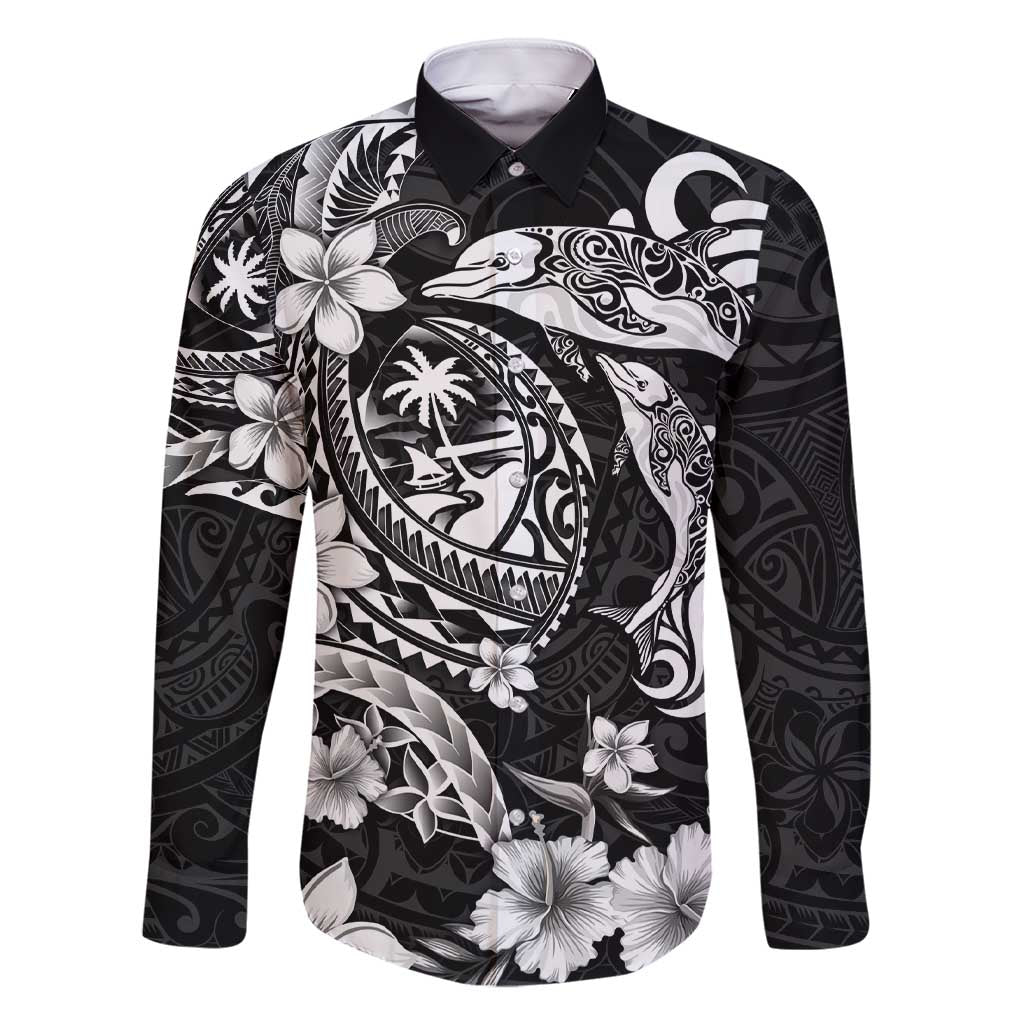 Guam Dolphins Tribal Tattoo Family Matching Short Sleeve Bodycon Dress and Hawaiian Shirt Polynesian Art and Tropical Flower Grayscale LT03 Dad's Shirt - Long Sleeve Black - Polynesian Pride