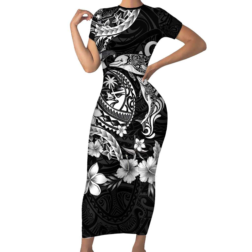 Guam Dolphins Tribal Tattoo Family Matching Short Sleeve Bodycon Dress and Hawaiian Shirt Polynesian Art and Tropical Flower Grayscale LT03 Mom's Dress Black - Polynesian Pride