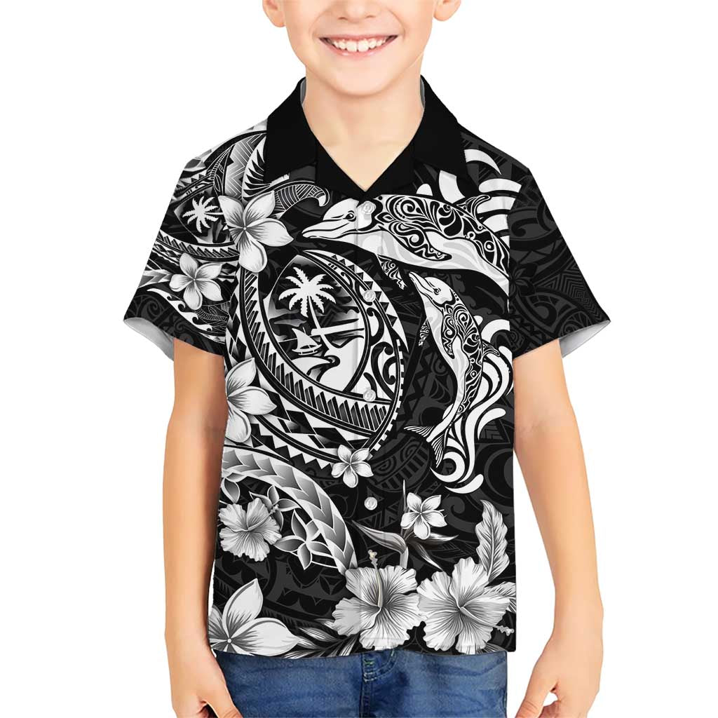 Guam Dolphins Tribal Tattoo Family Matching Short Sleeve Bodycon Dress and Hawaiian Shirt Polynesian Art and Tropical Flower Grayscale LT03 Son's Shirt Black - Polynesian Pride
