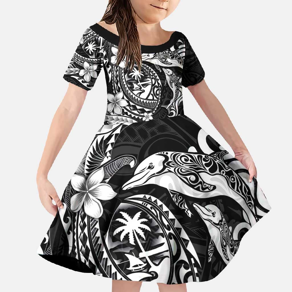 Guam Dolphins Tribal Tattoo Family Matching Tank Maxi Dress and Hawaiian Shirt Polynesian Art and Tropical Flower Grayscale LT03 Daughter's Dress Black - Polynesian Pride