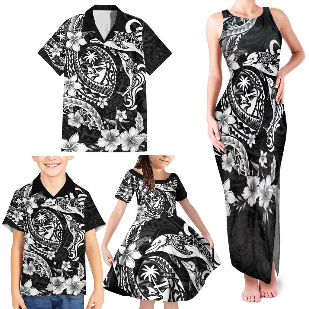Guam Dolphins Tribal Tattoo Family Matching Tank Maxi Dress and Hawaiian Shirt Polynesian Art and Tropical Flower Grayscale LT03 - Polynesian Pride