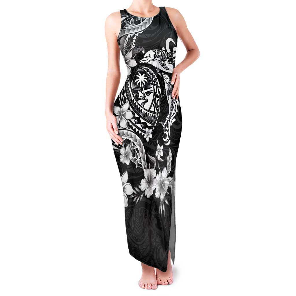 Guam Dolphins Tribal Tattoo Family Matching Tank Maxi Dress and Hawaiian Shirt Polynesian Art and Tropical Flower Grayscale LT03 Mom's Dress Black - Polynesian Pride