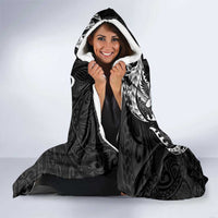Guam Dolphins Tribal Tattoo Hooded Blanket Polynesian Art and Tropical Flower Grayscale