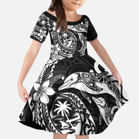Guam Dolphins Tribal Tattoo Kid Short Sleeve Dress Polynesian Art and Tropical Flower Grayscale