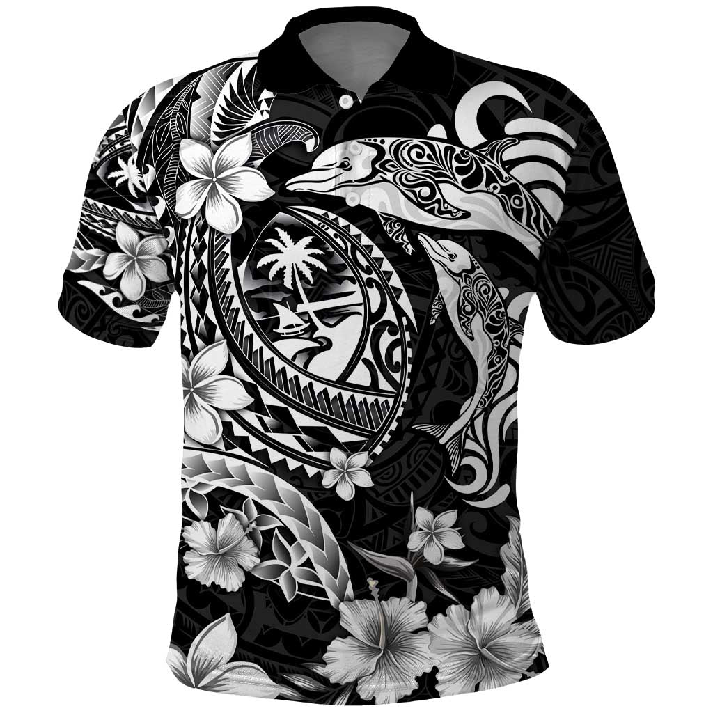 Guam Dolphins Tribal Tattoo Polo Shirt Polynesian Art and Tropical Flower Grayscale