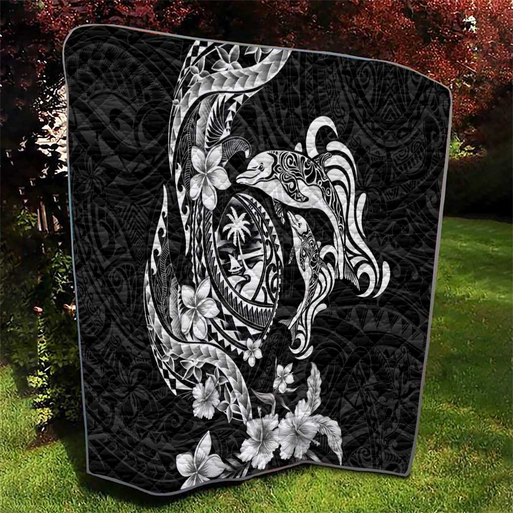 Guam Dolphins Tribal Tattoo Quilt Polynesian Art and Tropical Flower Grayscale