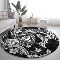 Guam Dolphins Tribal Tattoo Round Carpet Polynesian Art and Tropical Flower Grayscale