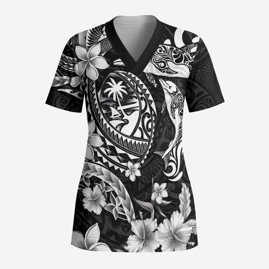 Guam Dolphins Tribal Tattoo Scrub Top Polynesian Art and Tropical Flower Grayscale LT03 Adult Black - Polynesian Pride