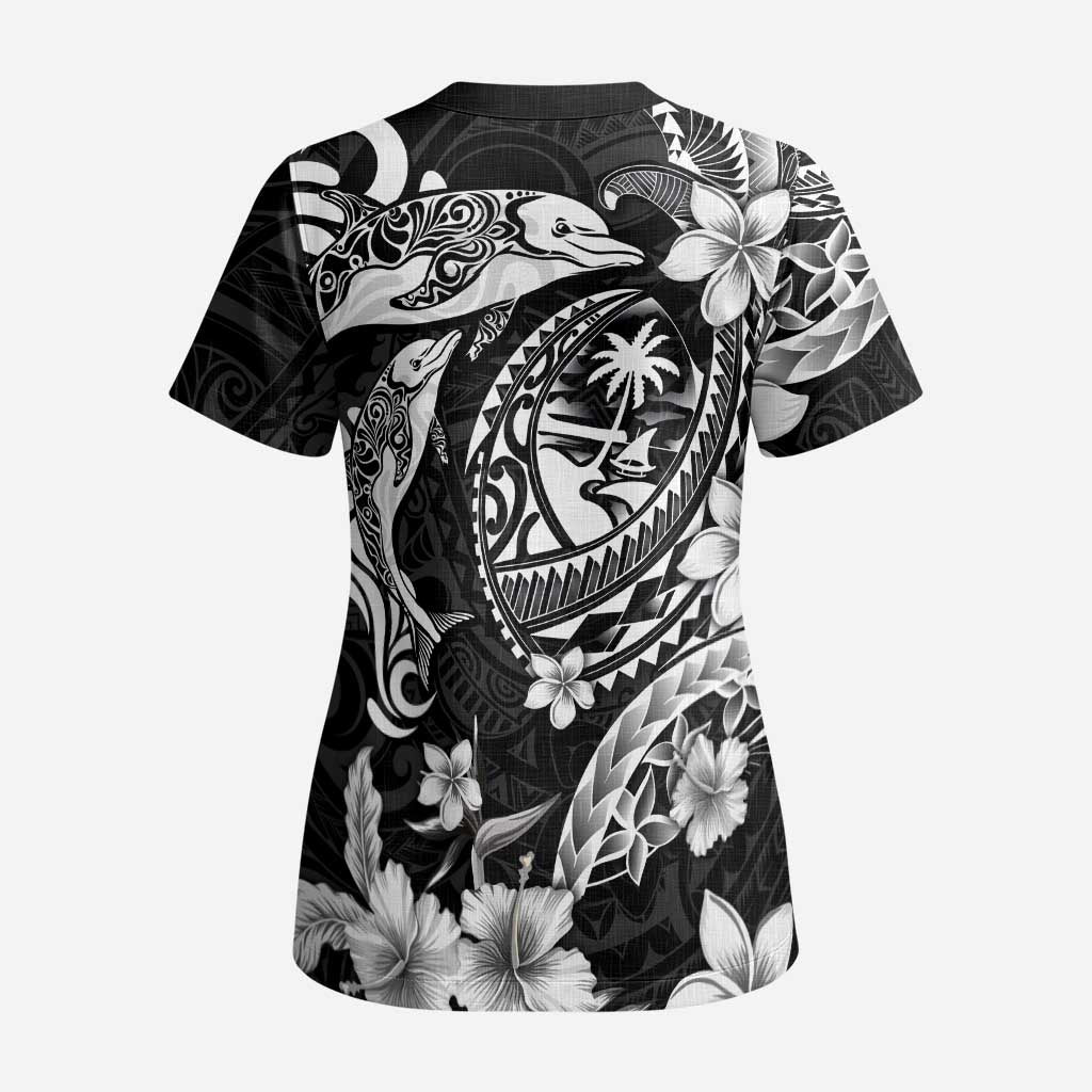 Guam Dolphins Tribal Tattoo Scrub Top Polynesian Art and Tropical Flower Grayscale LT03 - Polynesian Pride
