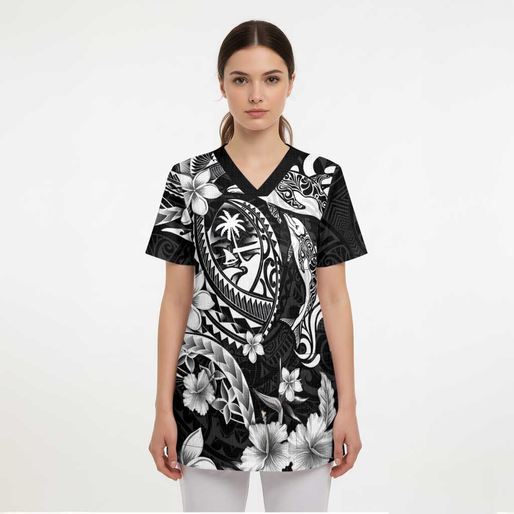 Guam Dolphins Tribal Tattoo Scrub Top Polynesian Art and Tropical Flower Grayscale LT03 - Polynesian Pride