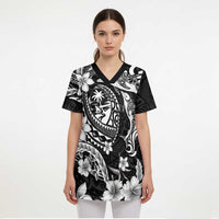 Guam Dolphins Tribal Tattoo Scrub Top Polynesian Art and Tropical Flower Grayscale LT03 - Polynesian Pride