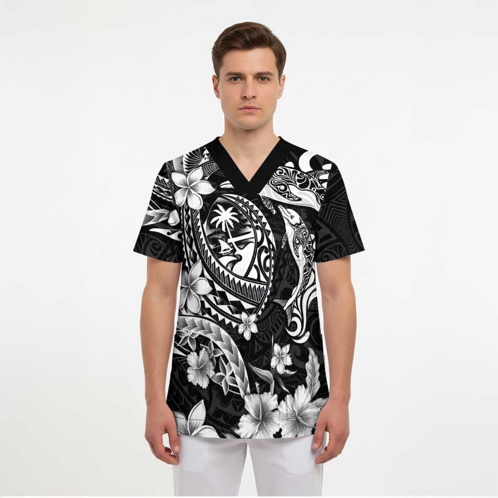 Guam Dolphins Tribal Tattoo Scrub Top Polynesian Art and Tropical Flower Grayscale LT03 - Polynesian Pride
