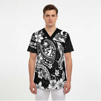 Guam Dolphins Tribal Tattoo Scrub Top Polynesian Art and Tropical Flower Grayscale LT03 - Polynesian Pride