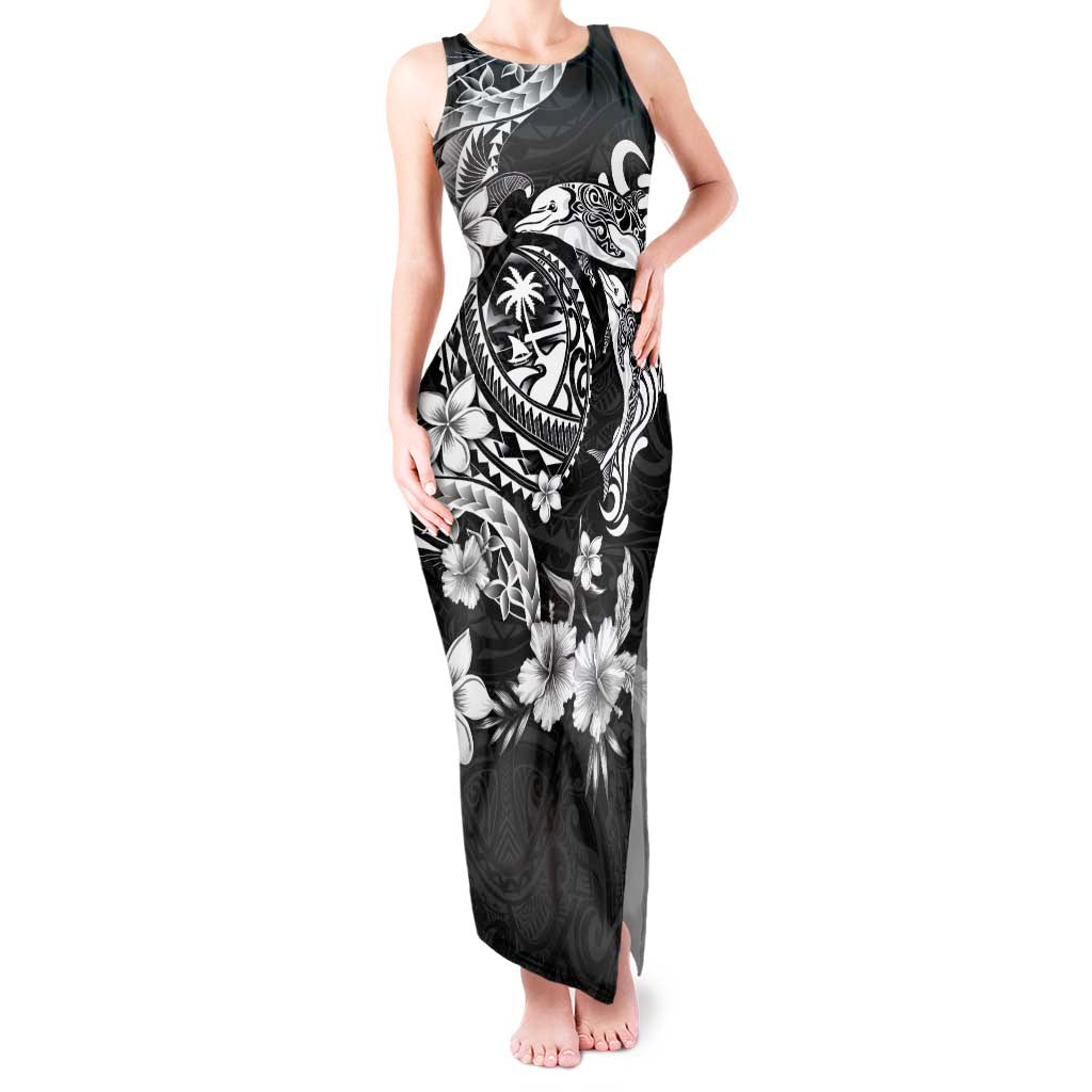 Guam Dolphins Tribal Tattoo Tank Maxi Dress Polynesian Art and Tropical Flower Grayscale