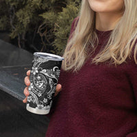 Guam Dolphins Tribal Tattoo Tumbler Cup Polynesian Art and Tropical Flower Grayscale