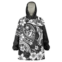 Guam Dolphins Tribal Tattoo Wearable Blanket Hoodie Polynesian Art and Tropical Flower Grayscale