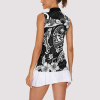 Guam Dolphins Tribal Tattoo Women Sleeveless Polo Shirt Polynesian Art and Tropical Flower Grayscale