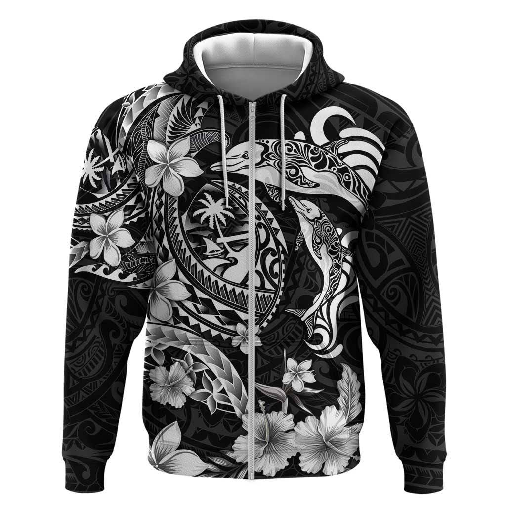 Guam Dolphins Tribal Tattoo Zip Hoodie Polynesian Art and Tropical Flower Grayscale