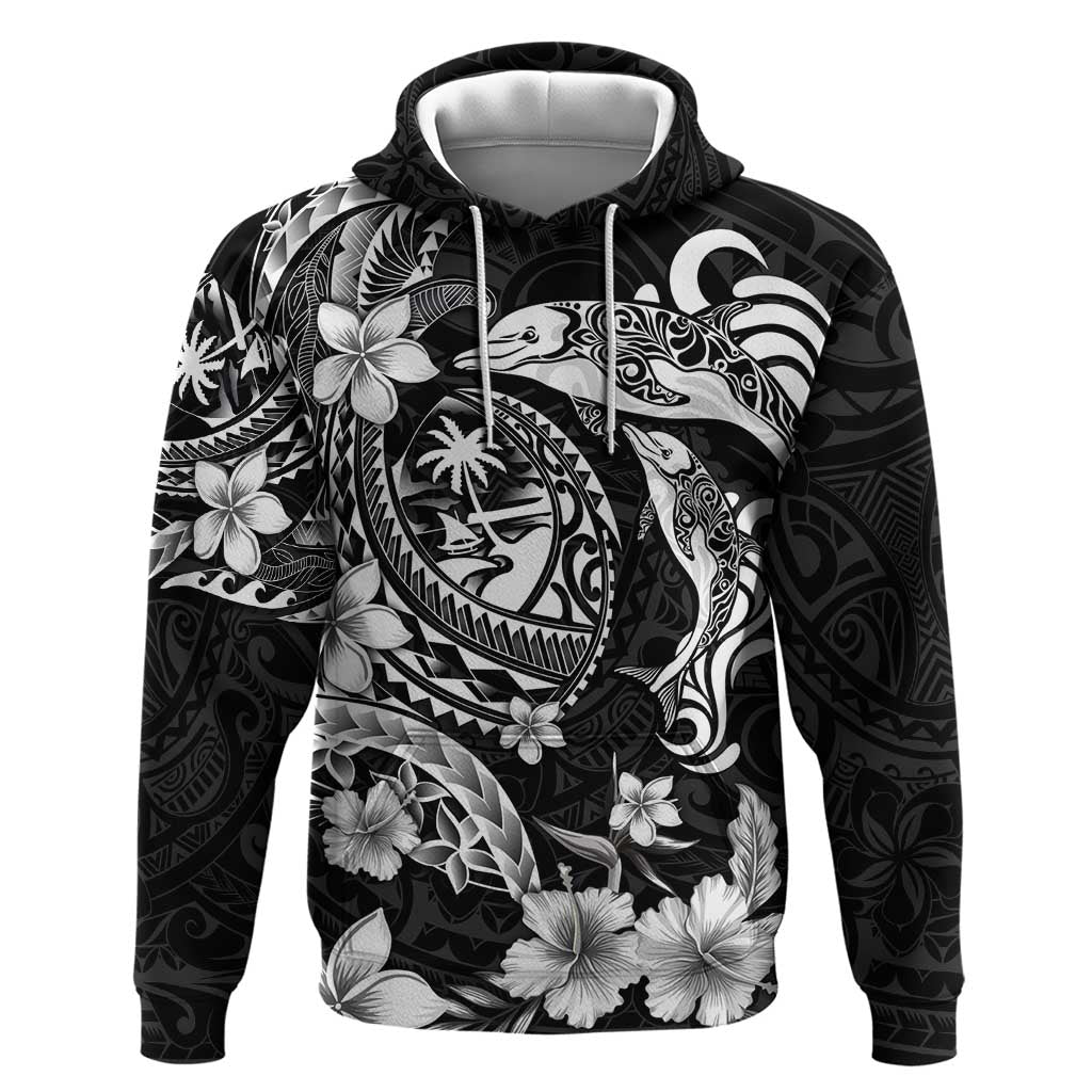 Guam Dolphins Tribal Tattoo Zip Hoodie Polynesian Art and Tropical Flower Grayscale