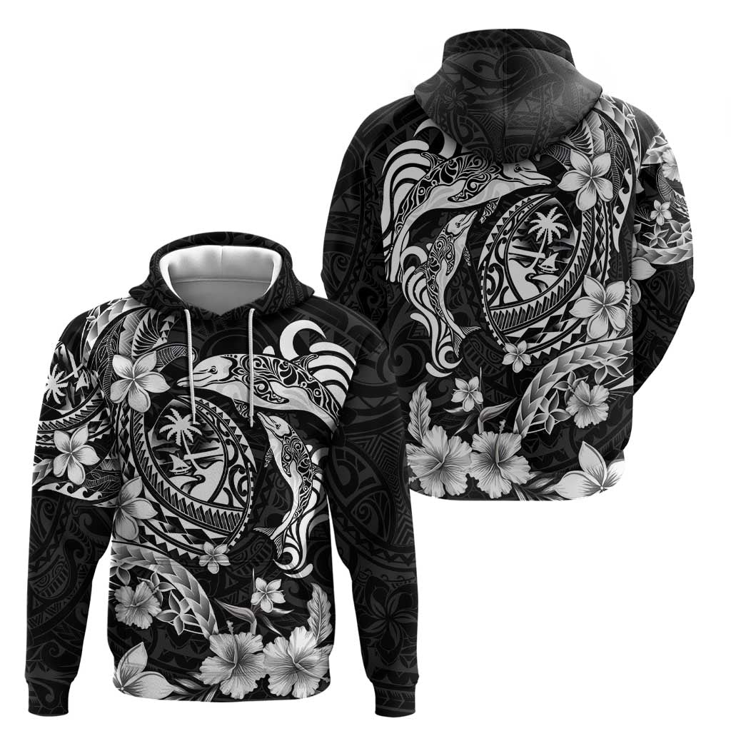 Guam Dolphins Tribal Tattoo Zip Hoodie Polynesian Art and Tropical Flower Grayscale