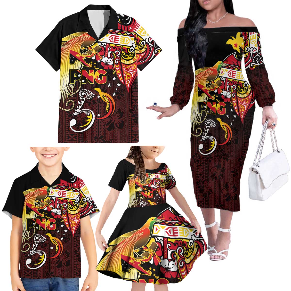 Papua New Guinea 2025 Family Matching Off The Shoulder Long Sleeve Dress and Hawaiian Shirt 50th Independence Day Anniversary LT03 - Polynesian Pride