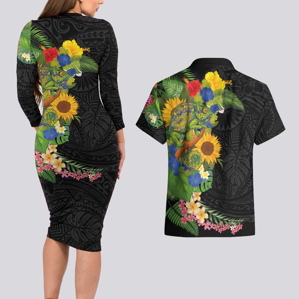 Hawaiian Tropical Plants and Chameleon Couples Matching Long Sleeve Bodycon Dress and Hawaiian Shirt Polynesian Art Colorful LT03 - Polynesian Pride