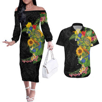 Hawaiian Tropical Plants and Chameleon Couples Matching Off The Shoulder Long Sleeve Dress and Hawaiian Shirt Polynesian Art Colorful LT03 Black - Polynesian Pride