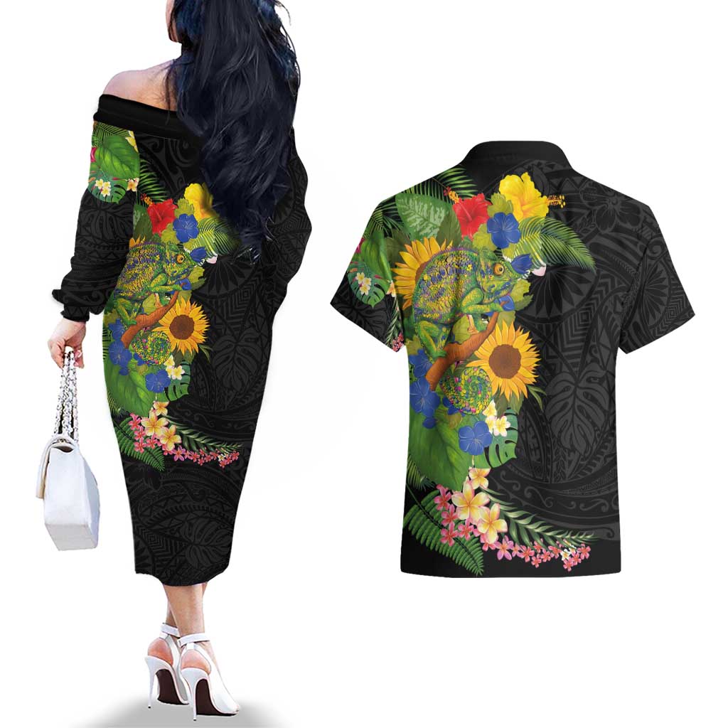 Hawaiian Tropical Plants and Chameleon Couples Matching Off The Shoulder Long Sleeve Dress and Hawaiian Shirt Polynesian Art Colorful LT03 - Polynesian Pride