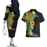Hawaiian Tropical Plants and Chameleon Couples Matching Off The Shoulder Long Sleeve Dress and Hawaiian Shirt Polynesian Art Colorful LT03 - Polynesian Pride