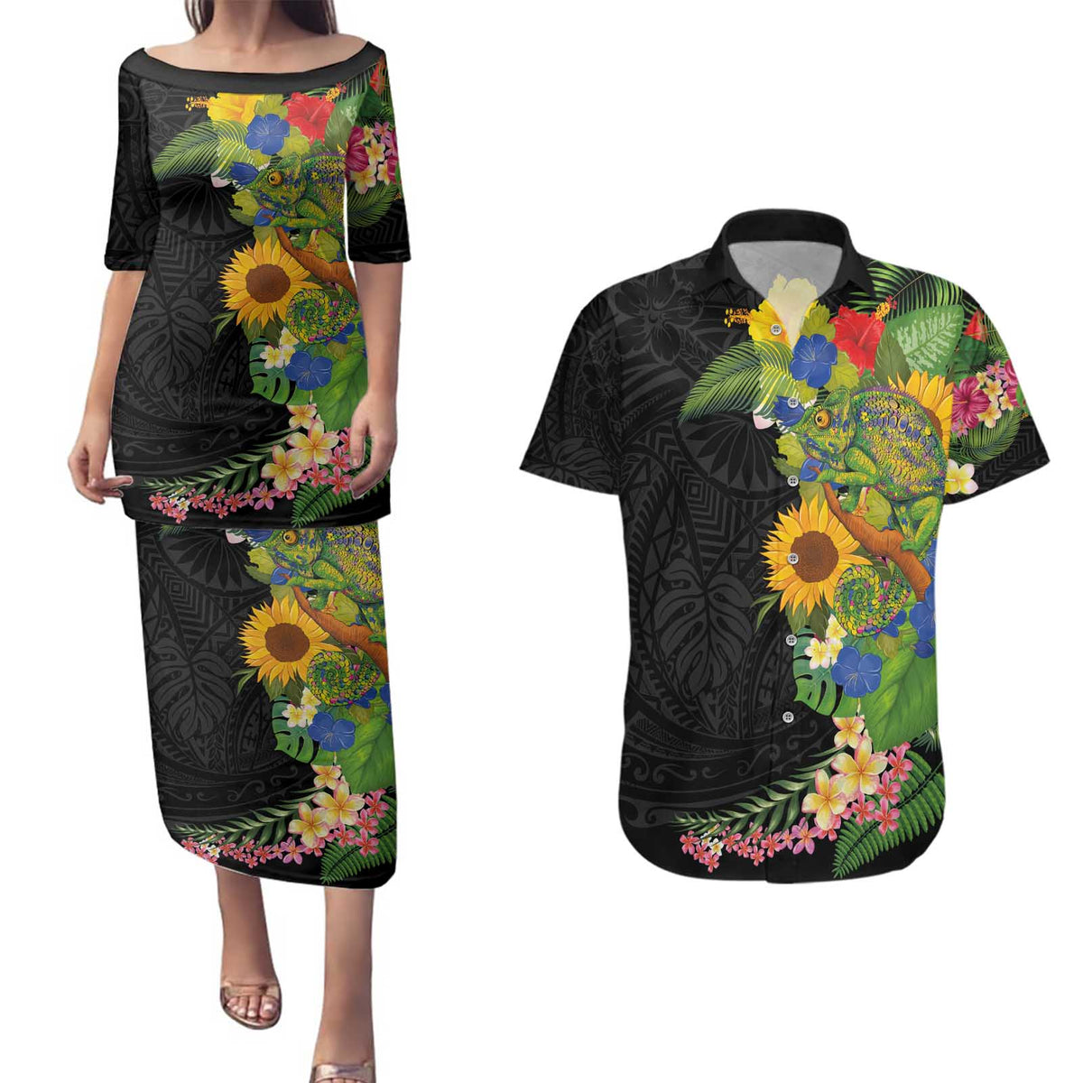 Hawaiian Tropical Plants and Chameleon Couples Matching Puletasi and Hawaiian Shirt Polynesian Art Colorful - Polynesian Pride