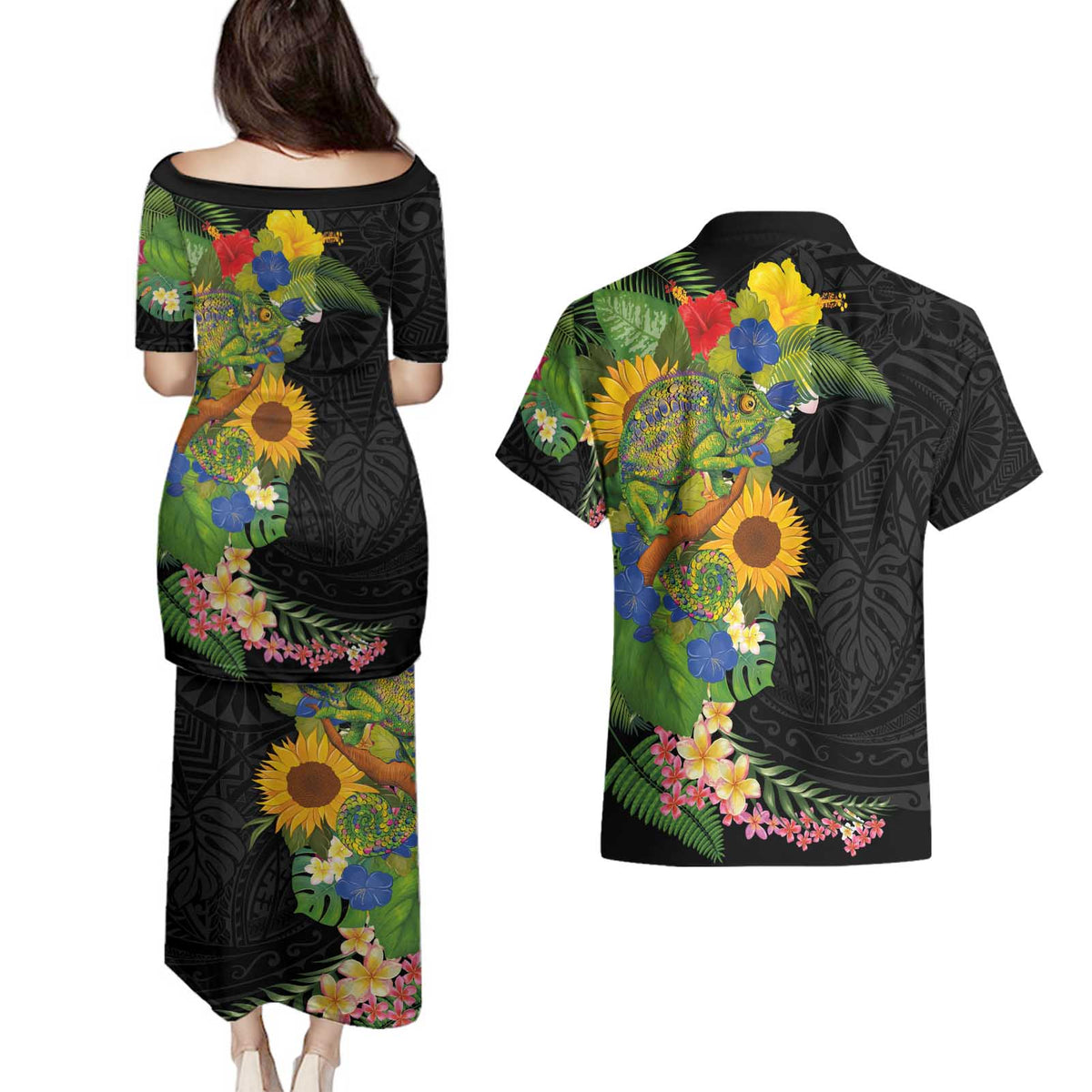 Hawaiian Tropical Plants and Chameleon Couples Matching Puletasi and Hawaiian Shirt Polynesian Art Colorful - Polynesian Pride