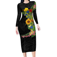 Hawaiian Tropical Plants and Chameleon Family Matching Long Sleeve Bodycon Dress and Hawaiian Shirt Polynesian Art Colorful LT03 Mom's Dress Black - Polynesian Pride