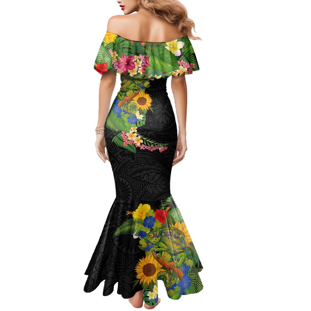 Hawaiian Tropical Plants and Chameleon Family Matching Mermaid Dress and Hawaiian Shirt Polynesian Art Colorful LT03 - Polynesian Pride
