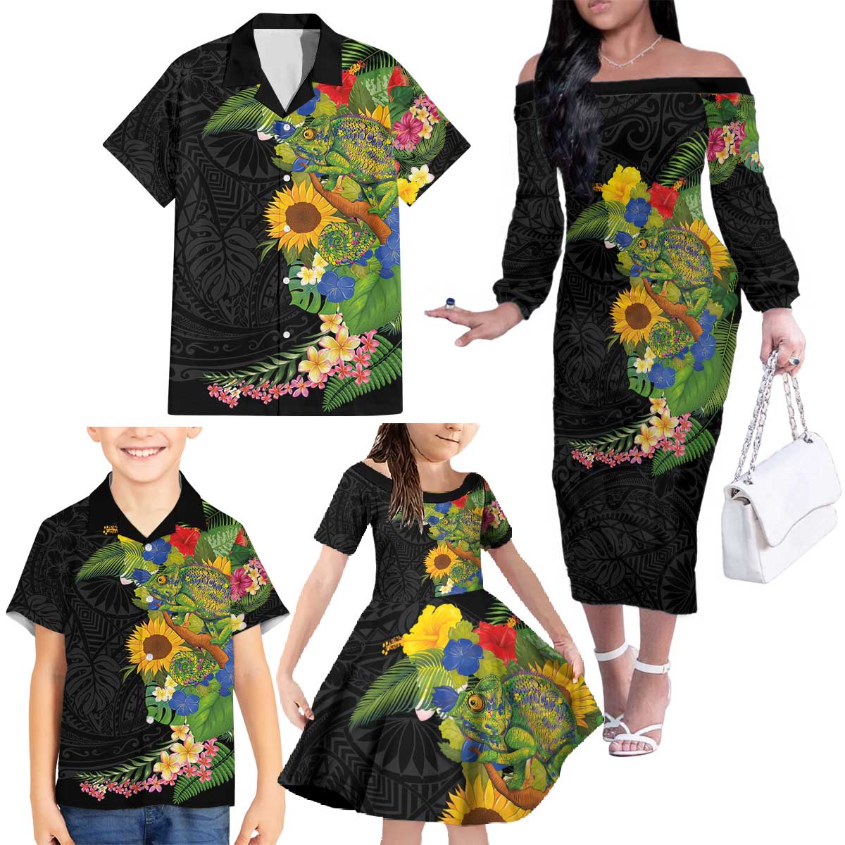Hawaiian Tropical Plants and Chameleon Family Matching Off The Shoulder Long Sleeve Dress and Hawaiian Shirt Polynesian Art Colorful LT03 - Polynesian Pride