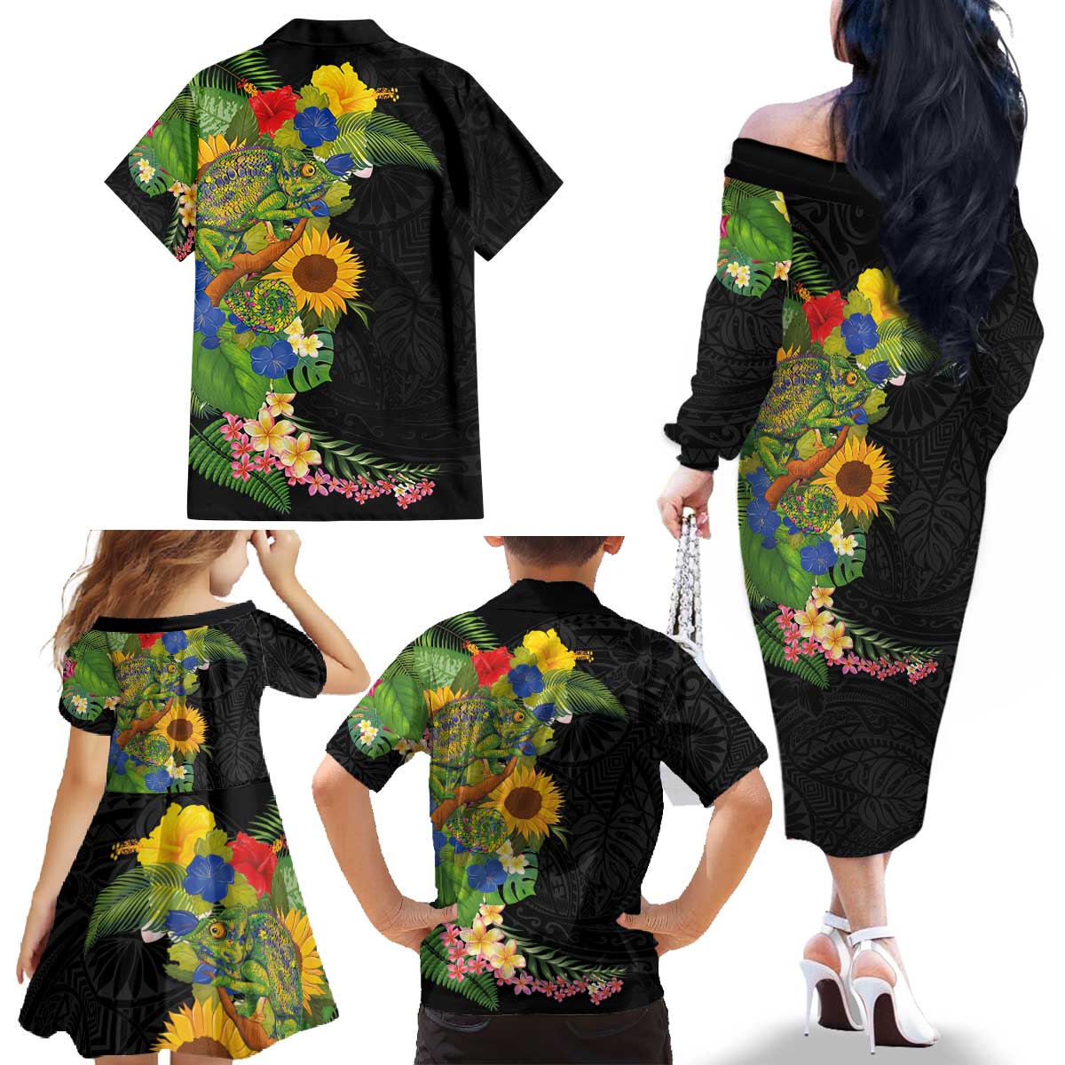 Hawaiian Tropical Plants and Chameleon Family Matching Off The Shoulder Long Sleeve Dress and Hawaiian Shirt Polynesian Art Colorful LT03 - Polynesian Pride