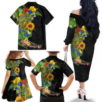 Hawaiian Tropical Plants and Chameleon Family Matching Off The Shoulder Long Sleeve Dress and Hawaiian Shirt Polynesian Art Colorful LT03 - Polynesian Pride