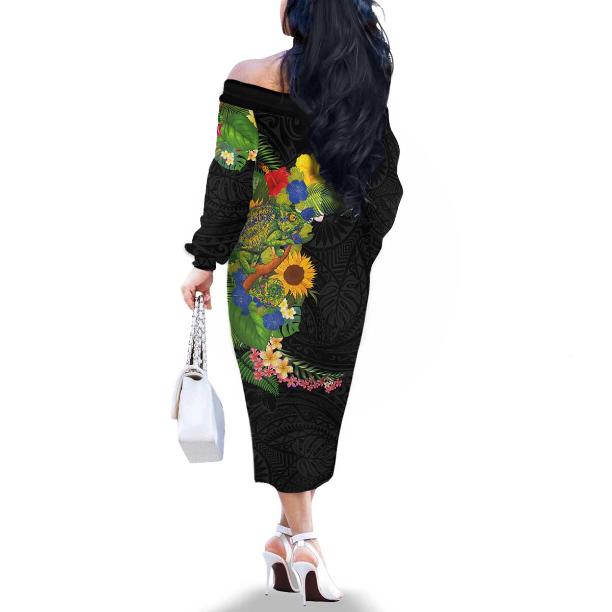 Hawaiian Tropical Plants and Chameleon Family Matching Off The Shoulder Long Sleeve Dress and Hawaiian Shirt Polynesian Art Colorful LT03 - Polynesian Pride