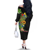 Hawaiian Tropical Plants and Chameleon Family Matching Off The Shoulder Long Sleeve Dress and Hawaiian Shirt Polynesian Art Colorful LT03 - Polynesian Pride