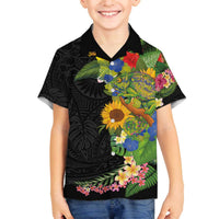 Hawaiian Tropical Plants and Chameleon Family Matching Off The Shoulder Long Sleeve Dress and Hawaiian Shirt Polynesian Art Colorful LT03 Son's Shirt Black - Polynesian Pride