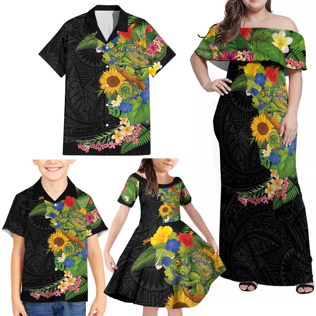 Hawaiian Tropical Plants and Chameleon Family Matching Off Shoulder Maxi Dress and Hawaiian Shirt Polynesian Art Colorful LT03 - Polynesian Pride