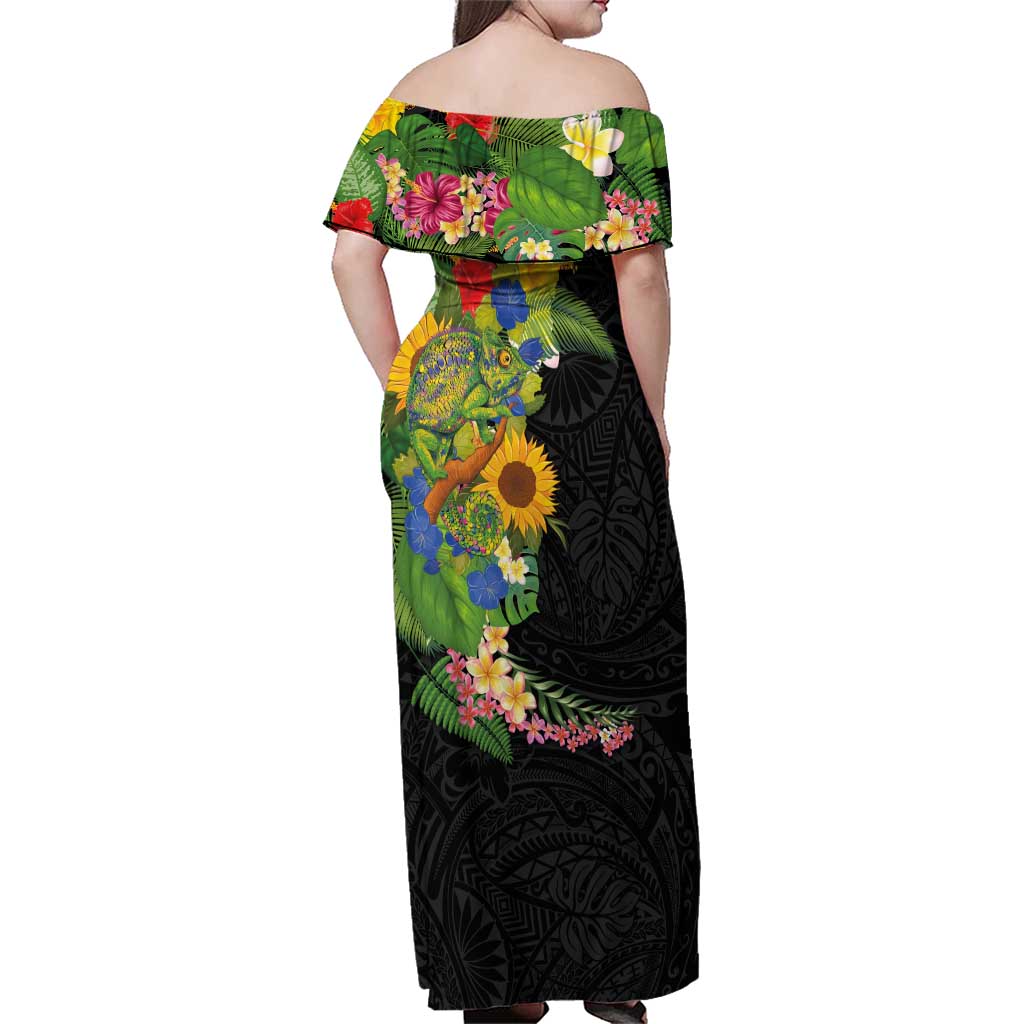 Hawaiian Tropical Plants and Chameleon Family Matching Off Shoulder Maxi Dress and Hawaiian Shirt Polynesian Art Colorful LT03 - Polynesian Pride