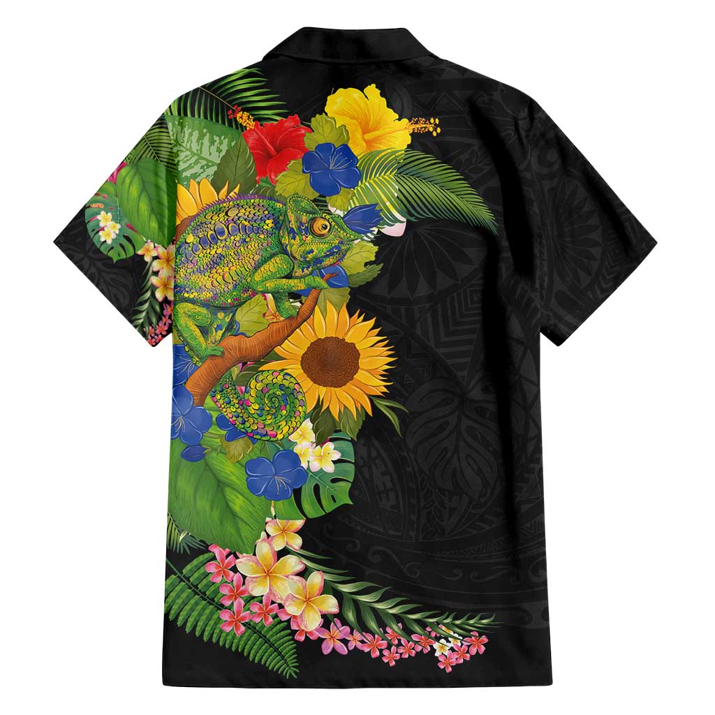Hawaiian Tropical Plants and Chameleon Family Matching Off Shoulder Short Dress and Hawaiian Shirt Polynesian Art Colorful LT03 - Polynesian Pride