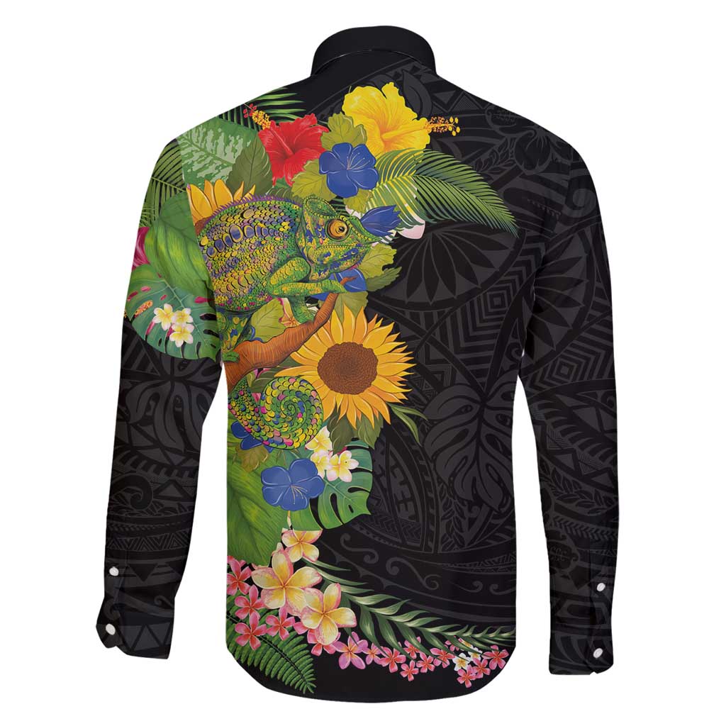 Hawaiian Tropical Plants and Chameleon Family Matching Off Shoulder Short Dress and Hawaiian Shirt Polynesian Art Colorful LT03 - Polynesian Pride