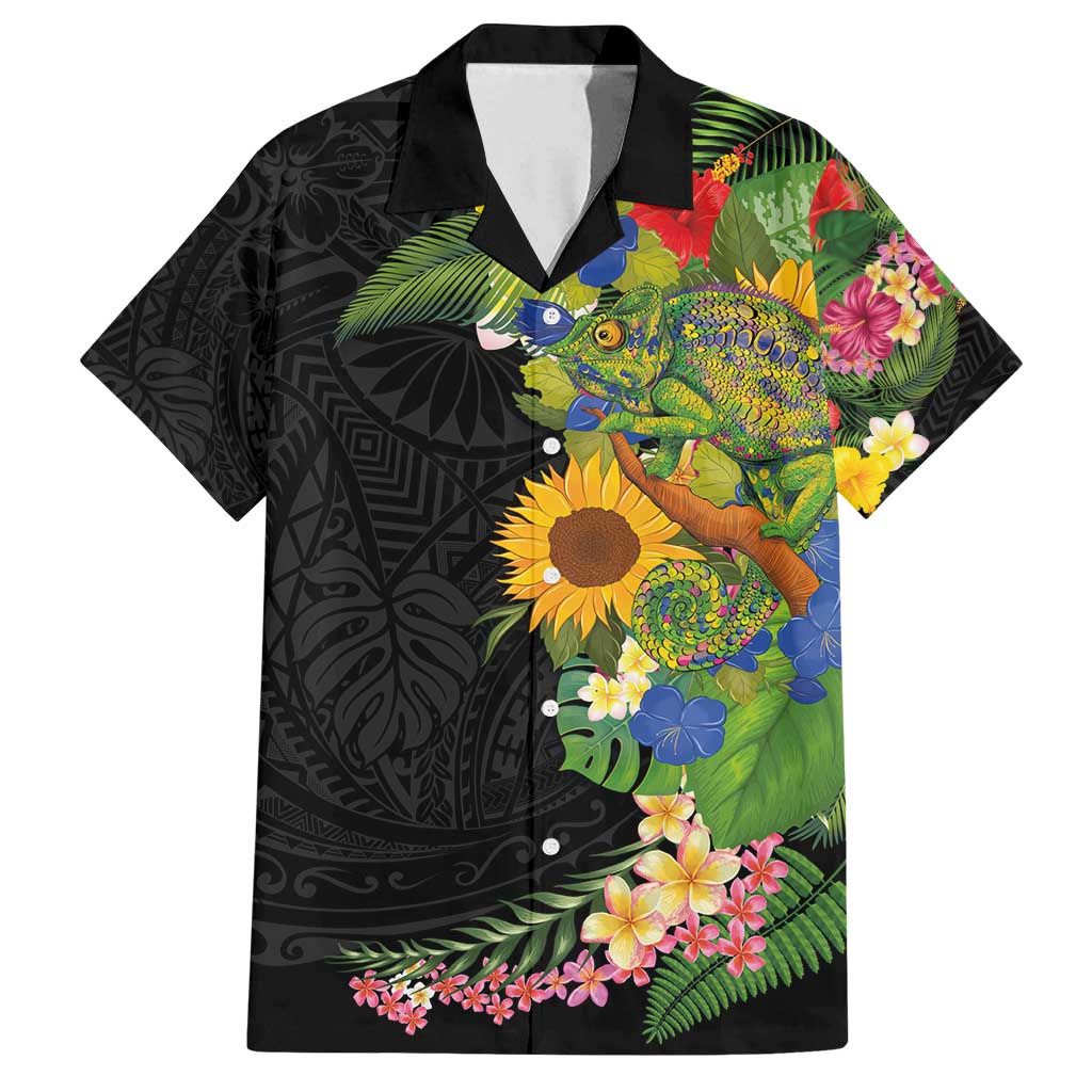 Hawaiian Tropical Plants and Chameleon Family Matching Puletasi and Hawaiian Shirt Polynesian Art Colorful LT03 Dad's Shirt - Short Sleeve Black - Polynesian Pride
