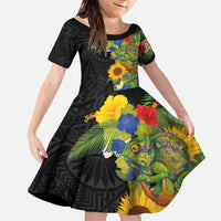 Hawaiian Tropical Plants and Chameleon Family Matching Short Sleeve Bodycon Dress and Hawaiian Shirt Polynesian Art Colorful LT03 Daughter's Dress Black - Polynesian Pride
